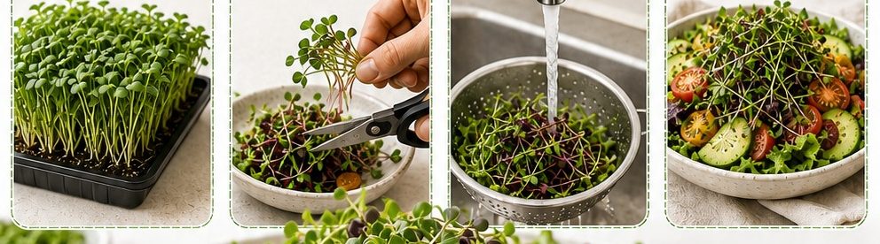 Etapas: bandeja em cultivo, colheita com tesoura, lavagem e prato servido.