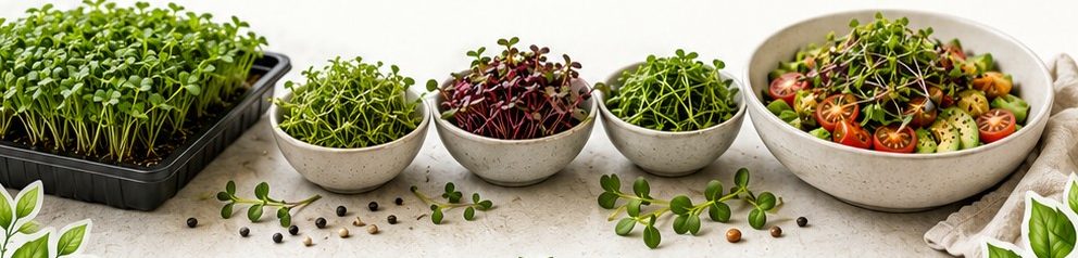 Bandeja e tigelas com microverdes recém-colhidos ao lado de uma salada pronta.