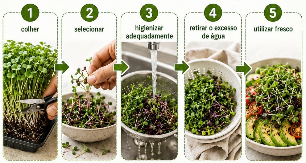 Sequência: colher com tesoura, selecionar, lavar em água corrente, escorrer e servir sobre abacate e tomate.