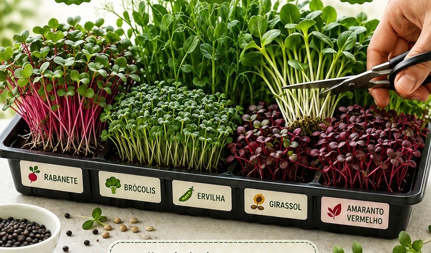 Bandeja com cinco variedades de microverdes — rabanete, brócolis, ervilha, girassol e amaranto vermelho — sendo colhidos com tesoura.
