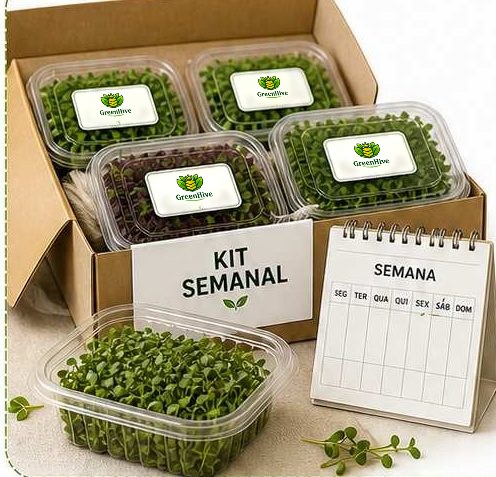 Caixa de kit semanal com potes de microverdes ao lado de um calendário.