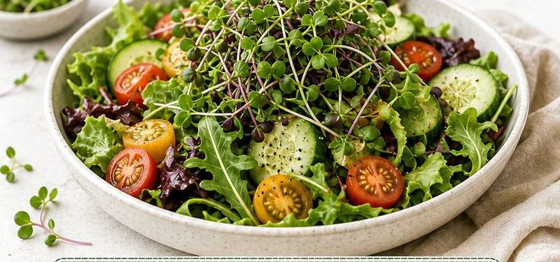 Salada simples de folhas, tomate-cereja e pepino coberta com microverdes.