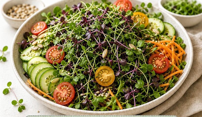Salada em que os microverdes são o ingrediente principal, com cenoura, pepino e tomate.