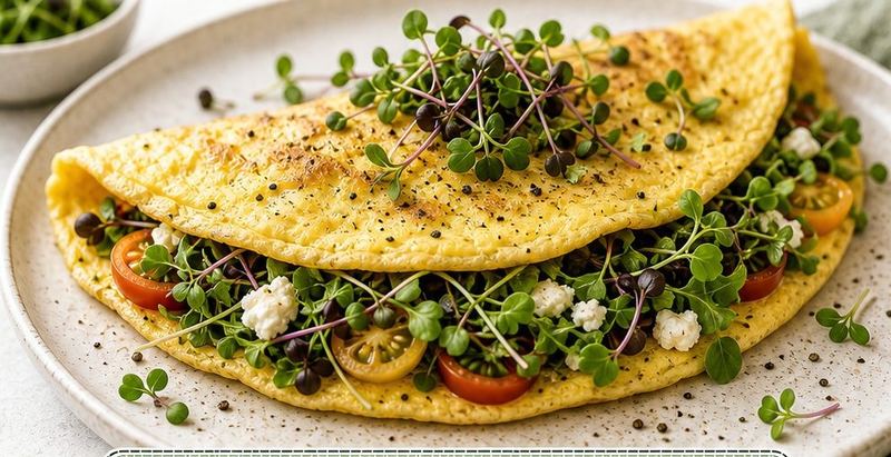 Omelete dobrada recheada com microverdes, tomate e queijo.
