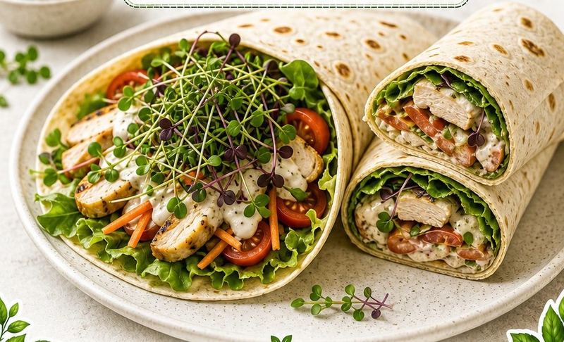 Wraps recheados com frango, cenoura, tomate e microverdes.