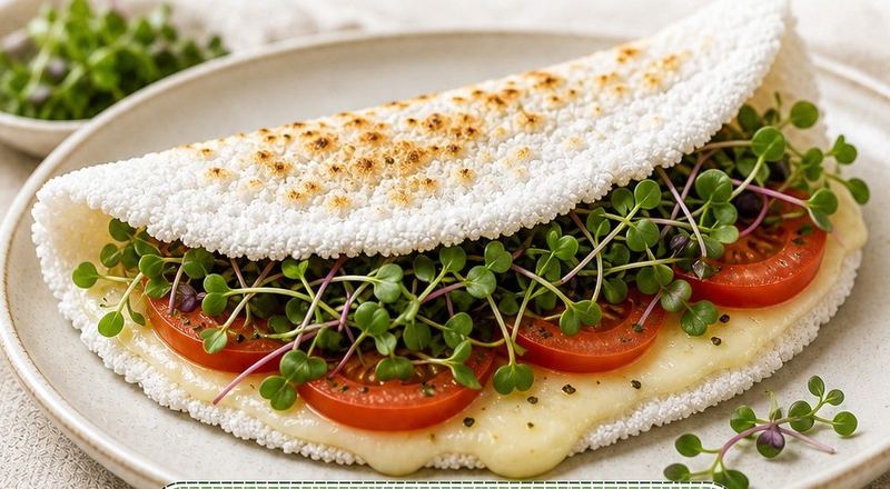 Tapioca recheada com queijo, tomate e microverdes.