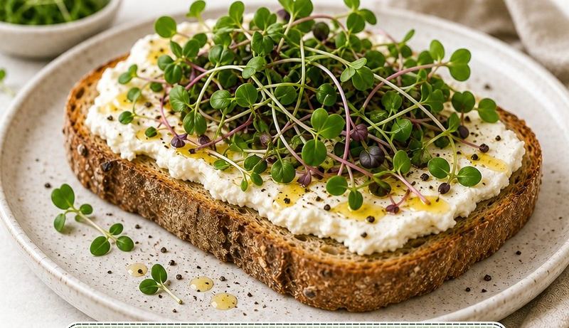 Torrada com queijo cremoso e azeite coberta por microverdes.