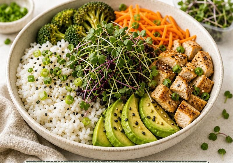 Bowl de arroz com brócolis, cenoura, tofu, abacate e microverdes.