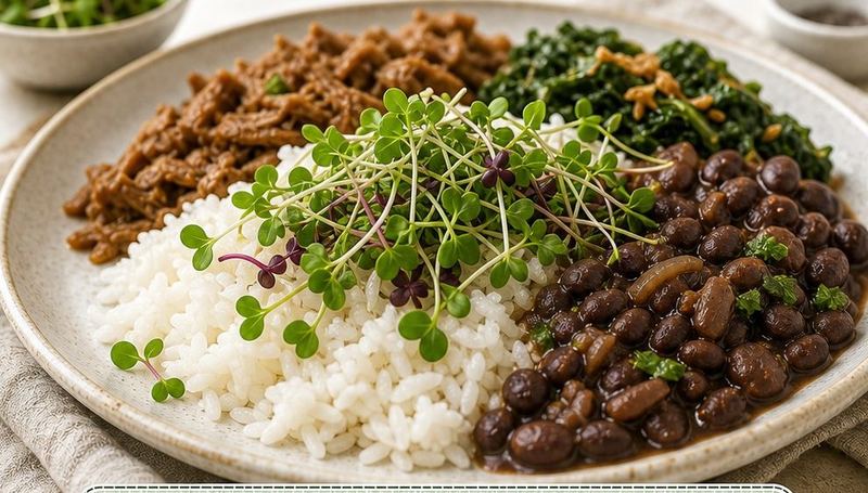 Prato de arroz, feijão e carne moída finalizado com microverdes.