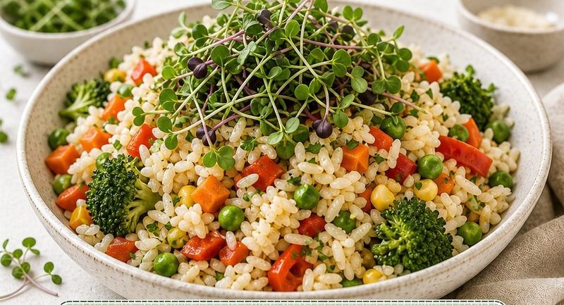 Arroz com legumes coloridos e microverdes por cima.