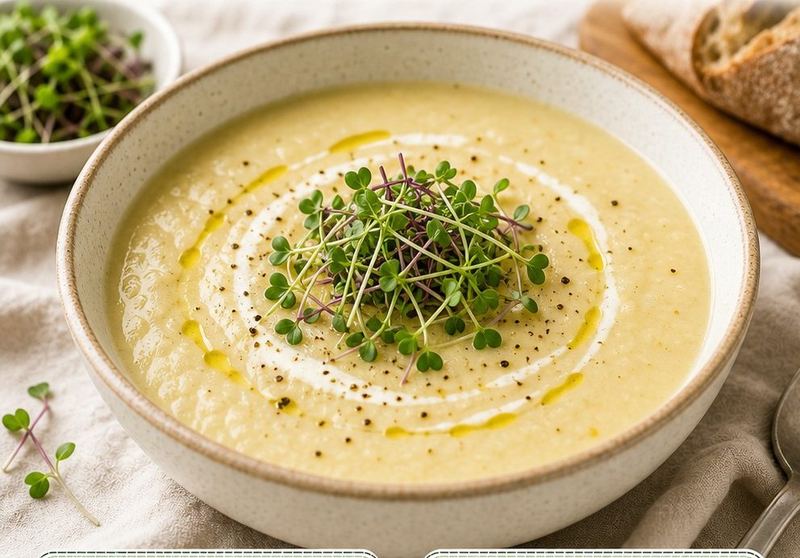 Sopa cremosa com azeite e um toque de microverdes no centro.