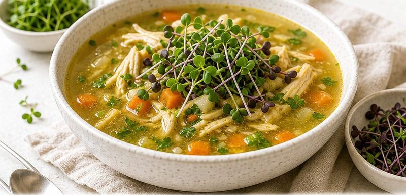 Caldo de frango com legumes finalizado com microverdes.