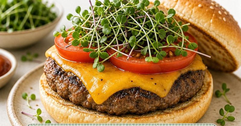 Hambúrguer caseiro com queijo, tomate e microverdes no lugar da alface.