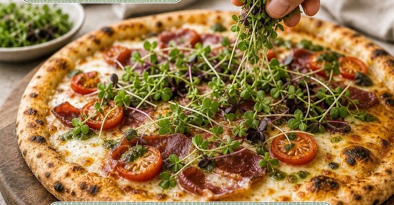 Pizza recém-saída do forno recebendo microverdes frescos.