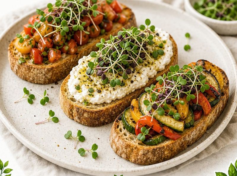 Três bruschettas com coberturas diferentes, todas finalizadas com microverdes.