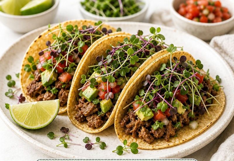 Tacos de carne com abacate, tomate e microverdes por cima.