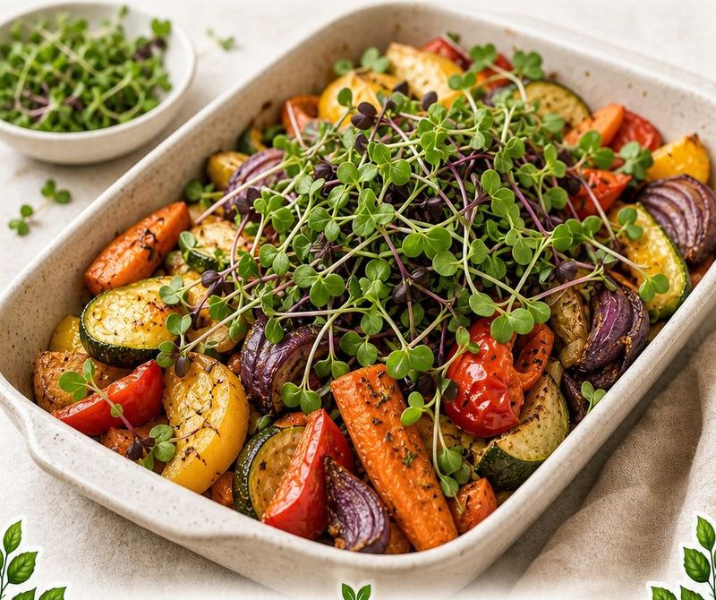 Travessa de legumes assados coberta com microverdes frescos.