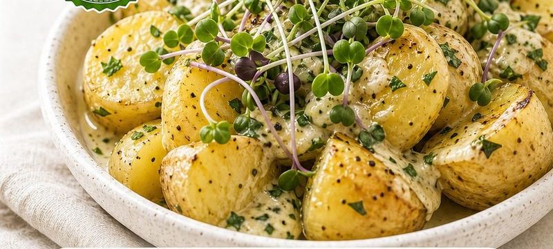 Batatas cozidas com molho de ervas e microverdes.