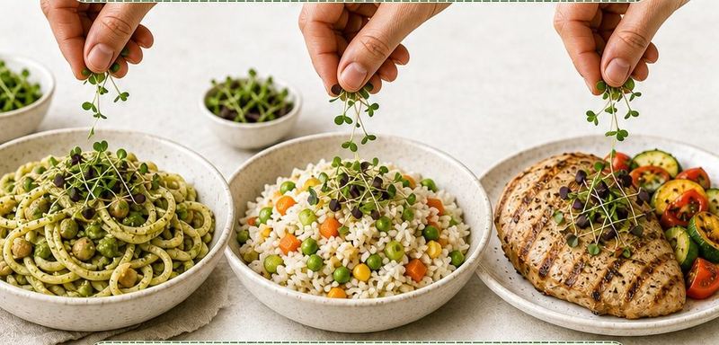 Três pratos diferentes — massa, arroz e frango — recebendo microverdes como acabamento.