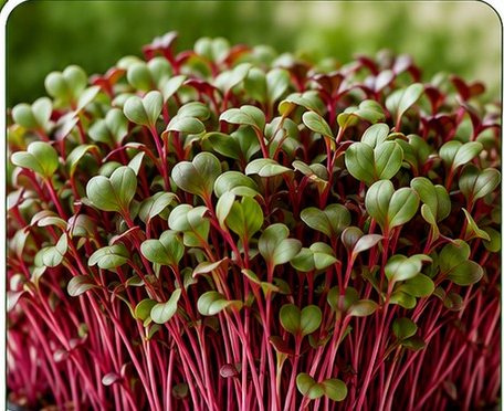 Microverdes de rabanete vermelho com caules rosados.